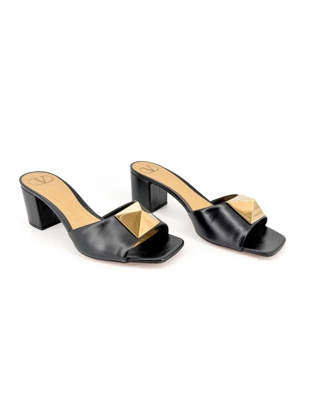 Valentino One Stud Mule Sandals Black Leather Size 39 US 9 Rockstud Block Heel